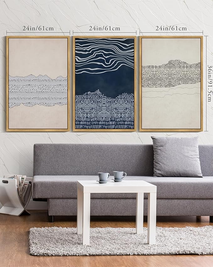 KUVIOKE Navy Blue Abstract Framed Wall Art Modern Neutral Minimalist Wooden Pastel Boho Wall Decor Farmhouse Rustic Art Painting Home Decor 24x36in (Natural Framed)