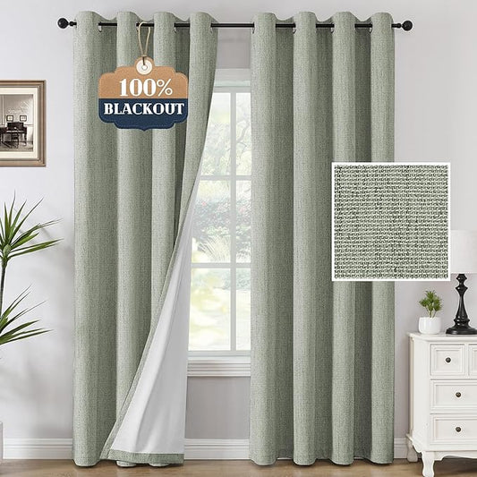 H.VERSAILTEX Chenille Curtains 96 inch Length 2 Panels 100% Blackout Drapes for Bedroom Living Room with White Flocking Coating Back Thermal Insulated Anti-Rust Grommet, Heathered Sage(Not Solid)