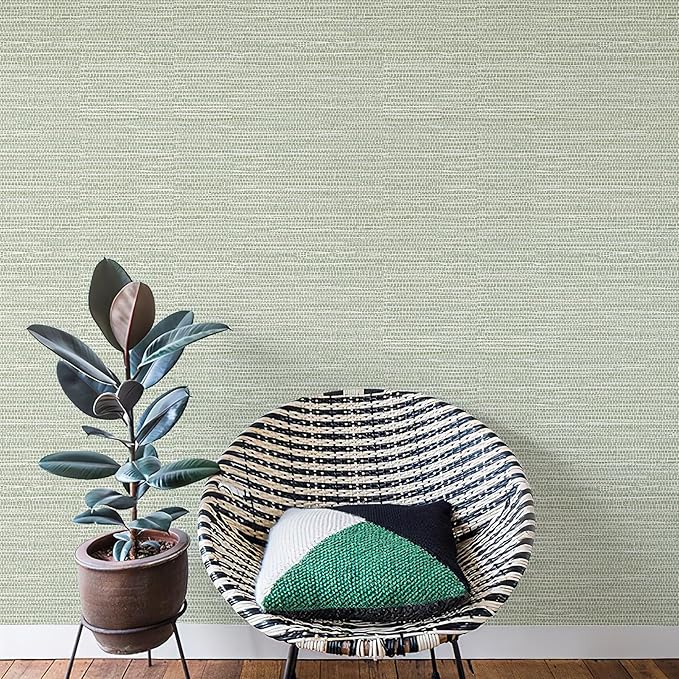Green Grasscloth Peel and Stick Wallpaper 17.3" x 394" Renter Friendly Neutral Textured Grassweave Wallpaper Self Adhesive Removable for Bathroom Bedroom