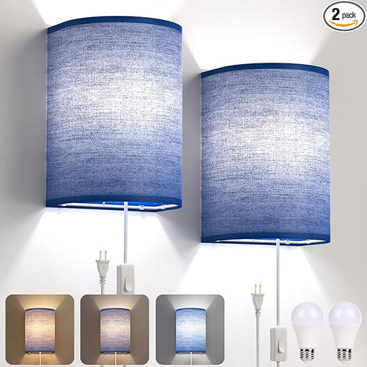 Plug in Wall Sconces Set of Two: Wall Lights with On/Off Switch - Stepless Color Temperature Wall Mount Lamps - Fabric Linen Wall Sconce for Bedroom Living Room & Hallway- Indoor Corded Wall Sconces