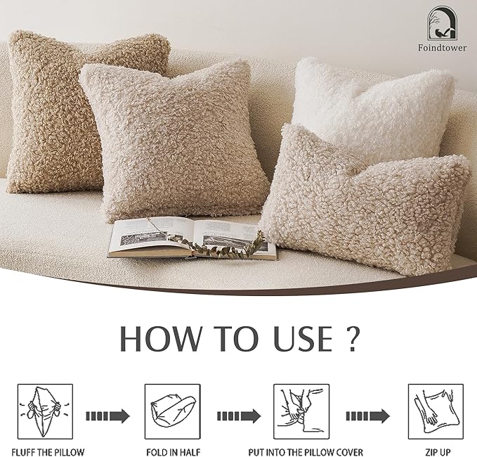 Foindtower 2 Pieces Faux Fur Throw Pillow Cover Decorative Sherpa Pillow Fuzzy Accent Pillowcases Soft Sheepskin Fleece Cushion Case for Bed Couch Living Room 26x26 Inch Oatmeal
