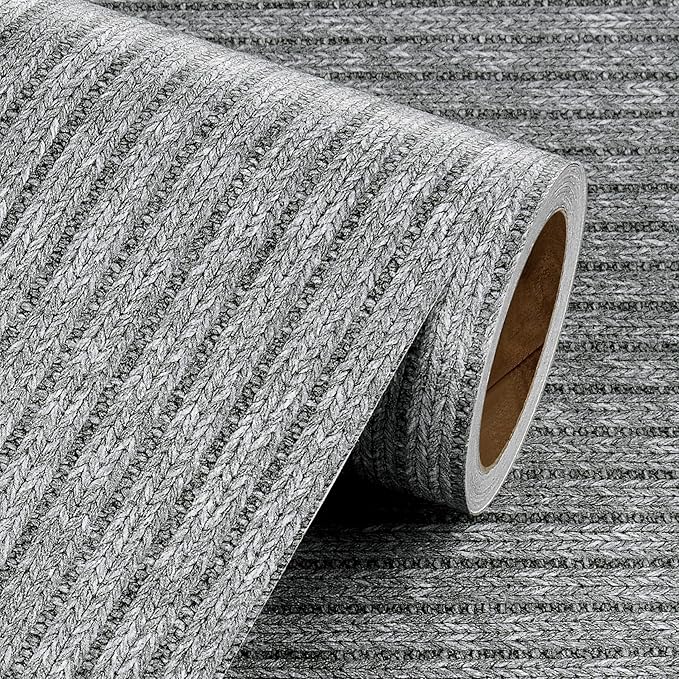 Livelynine 15.8 X 394 Grey Wallpaper for Bedroom Sticky Faux Linen Stripe Fabric Cubicle Wall Paper Gray Contact Paper Peel and Stick for cabinets Kids Room Walls self Adhesive Furniture Vinyl wrap