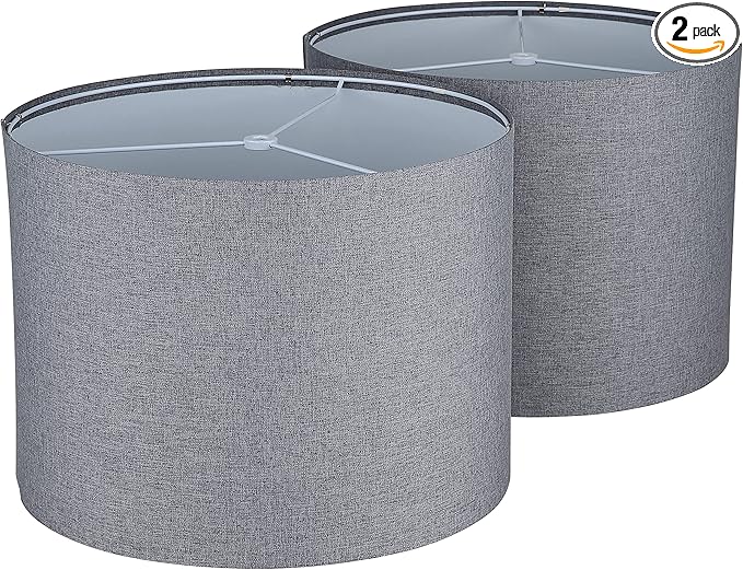 Drum Lampshades Set of 2, Natural Linen Lampshade 13" x 13" x 10" High, Easy Assembly Replacement Fabric Lampshades for Table Lamps Floor Lamps, Gary Color, Spider Fitter