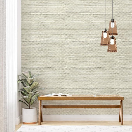 Simon&Siff Cream Textured Grasscloth Peel and Stick Wallpaper 17.7"x197" Neutral Faux Grassweave Waterproof Self Adhesive Removable Wallpaper Mural for Home Decor Bedroom Kitchen Cabinet