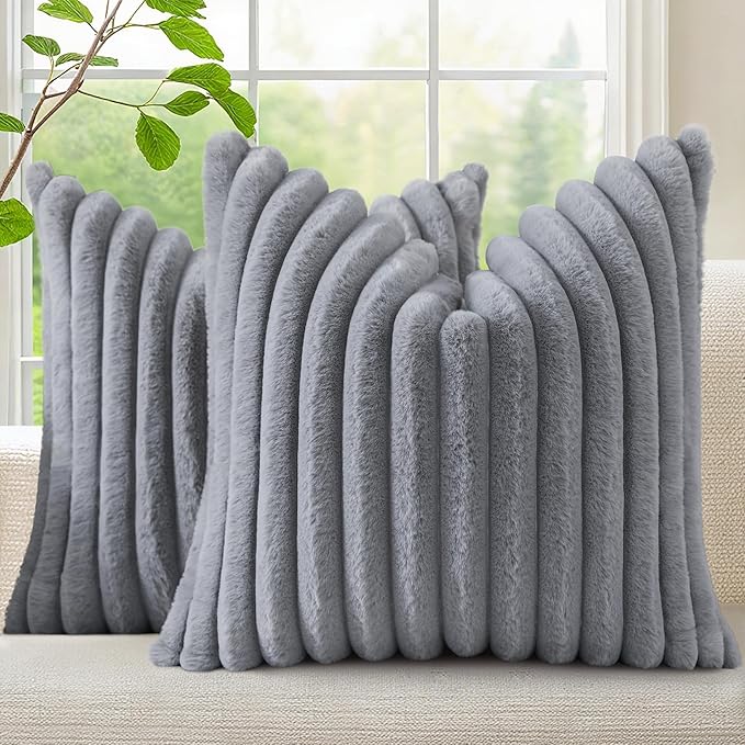 decorUhome Faux Fur Throw Pillow Covers 24x24 Set of 2, Decorative Soft Plush Striped Neutral Couch Euro Pillow Covers with Velvet Back for Sofa, Bed, Living Room Home Decor, Grey