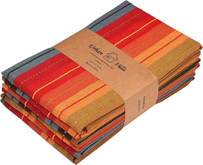 Urban Villa Kitchen Towels Cuisine Stripes Premium Quality 100% Cotton Dish Towels Mitered Corners Ultra Soft (Size: 20X30 Inch) Red Multi Highly Absorbent Bar Towels & Tea Towels - (Set of 6)
