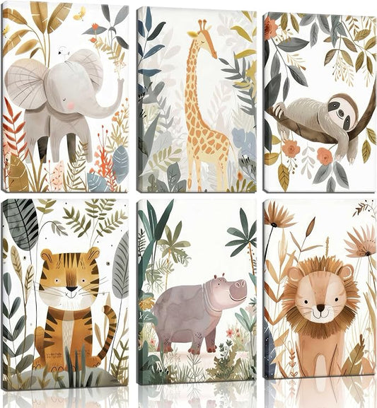6Pcs Boho Baby Animals Wall Art Jungle Safari Canvas Paintings Cute Giraffe Elephant Lion Wall Decor Prints Inspirational Forest Animals Posters Pictures for Nursery kids Boys Bedroom Framed