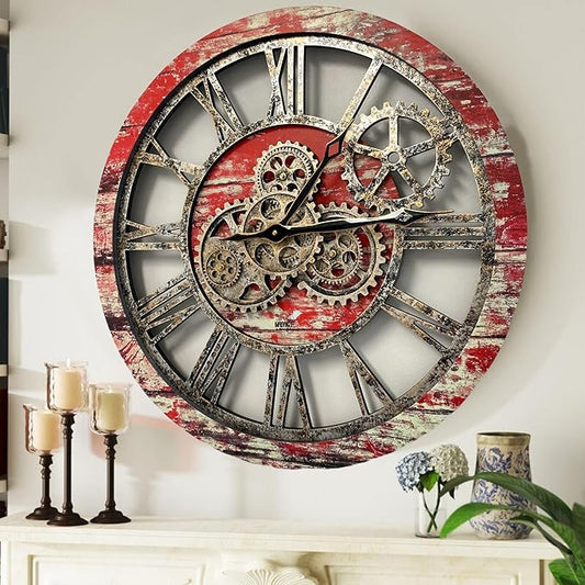ImprovingLife The Gears Clock The Original Real Moving Gear Wall Clock Vintage Industrial Oversized Rustic Farmhouse (24 inch (60cm),Red Lava)