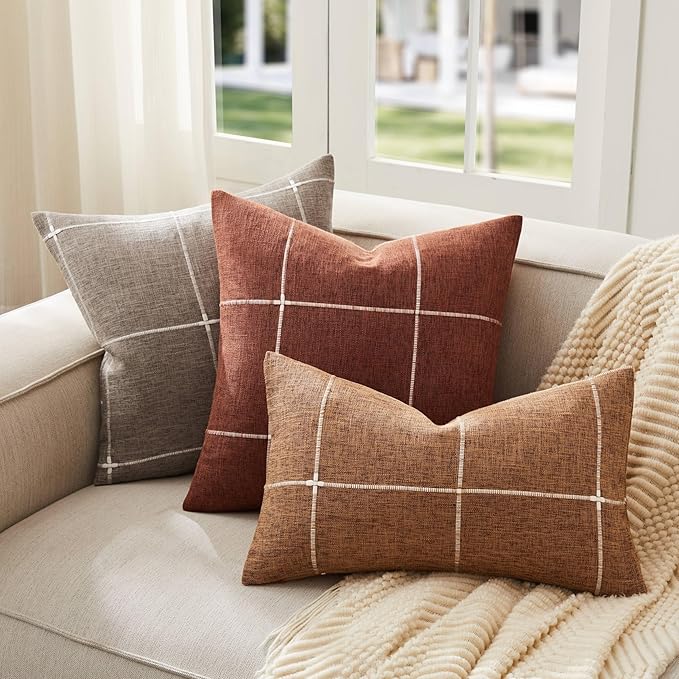 2 Packs Grid Embroidery Throw Pillow Covers, 22x22 Inch Terracota, Farmhouse Linen Decorative Terracota Cushion Covers for Sofa Bed Living Room Home Decor