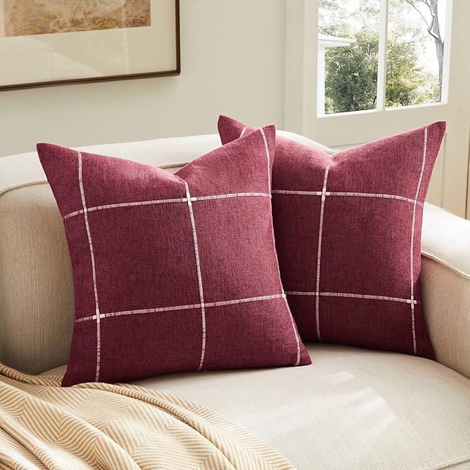 2 Packs Grid Embroidery Throw Pillow Covers, 18x18 Inch Burgundy, Farmhouse Linen Decorative Red Cushion Covers for Sofa Bed Living Room Home Decor
