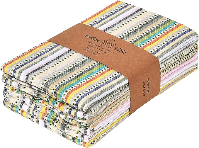 Urban Villa Easter Kitchen Towels,Beige Multi Dobby Stripes,Premium Quality,100% Cotton Dish Towels, Mitered Corners,Ultra Soft (Size: 20x30 Inches), Highly Absorbent Bar & Tea Towels (Set of 6)