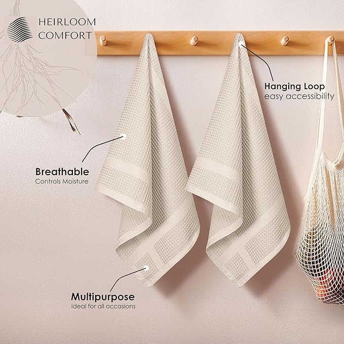 5 Pack Ivory Waffle Weave Kitchen Towels, 16"x26", 100% Cotton, Super Absorbent, Fast Dry, Durable Dishcloth Set for Cleaning, Drying Dishes, Hand Towels, Machine Washable, Cream