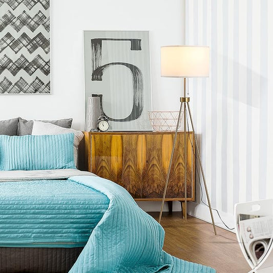 HOMCOM 59.75" Tripod Floor Lamp with Pull Chain Standing, Fabric Lampshade E26 Lamp Holder Steel for Living Room, Bedroom, Office, Gold