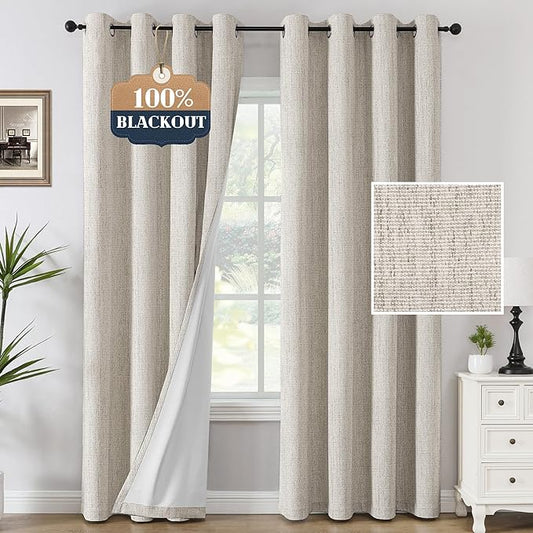 H.VERSAILTEX Chenille Linen Curtains 108 inches Long 100% Black Out Curtains, Textured Linen Look Draperies Grommet with White Flocking Coating Back, 2 Panels, Heathered Natural(Not Solid)