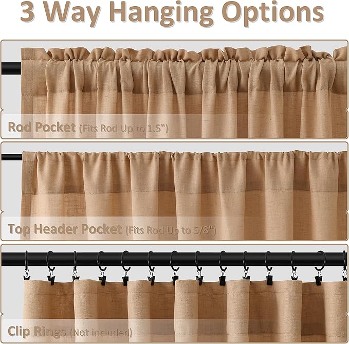 Guken Camel Brown Linen Curtains 108 Inches Long 2 Panel Set Rod Pocket Semi Sheer Dining Room Cozy Bedroom Decor Cotton Look Country Rustic Farmhouse Boho Curtains 52x108