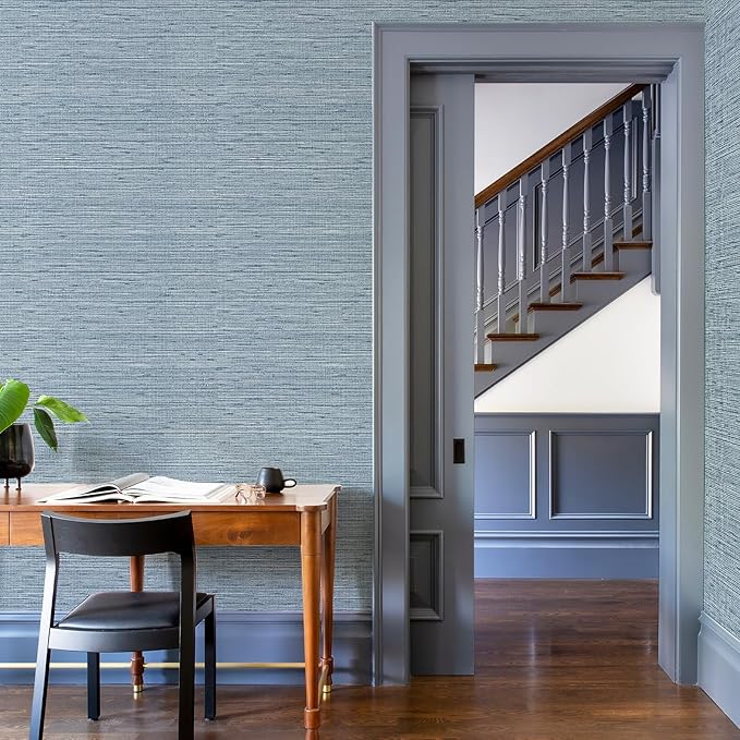 Grasscloth Peel and Stick Wallpaper 17.3" x 394" Blue Textured Grasscloth Wall Paper Renter Friendly Wallpaper Self Adhesive Removable for Bathroom Bedroom
