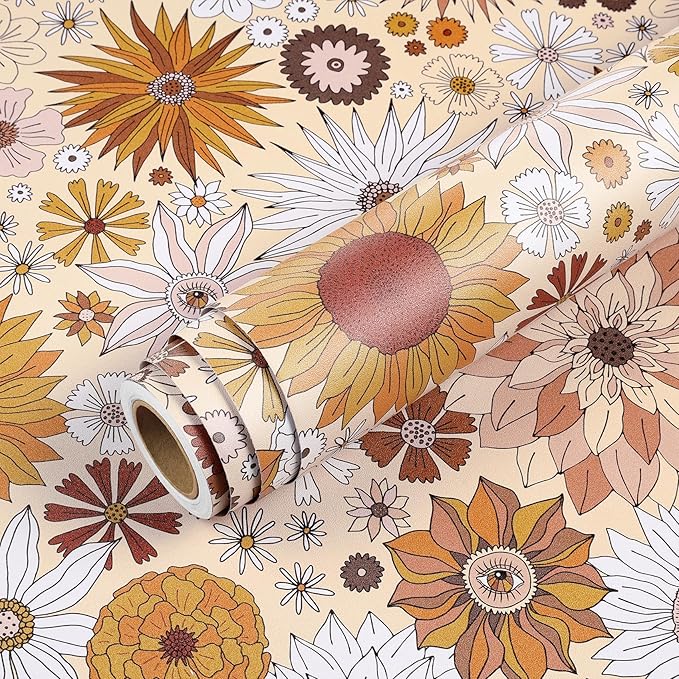 Livelynine Retro Wallpaper Peel and Stick Pink Orange White Yellow Retro Flower Wallpaper for Bathroom Kitchen Dresser Mid Century Vintage Contact Paper Removable Self Adhesive 17.5x78.8 Funky Groovy