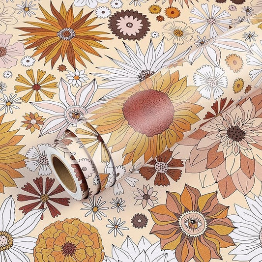 Livelynine Retro Wallpaper Peel and Stick Pink Orange White Yellow Retro Flower Wallpaper for Bathroom Kitchen Dresser Mid Century Vintage Contact Paper Removable Self Adhesive 17.5x78.8 Funky Groovy