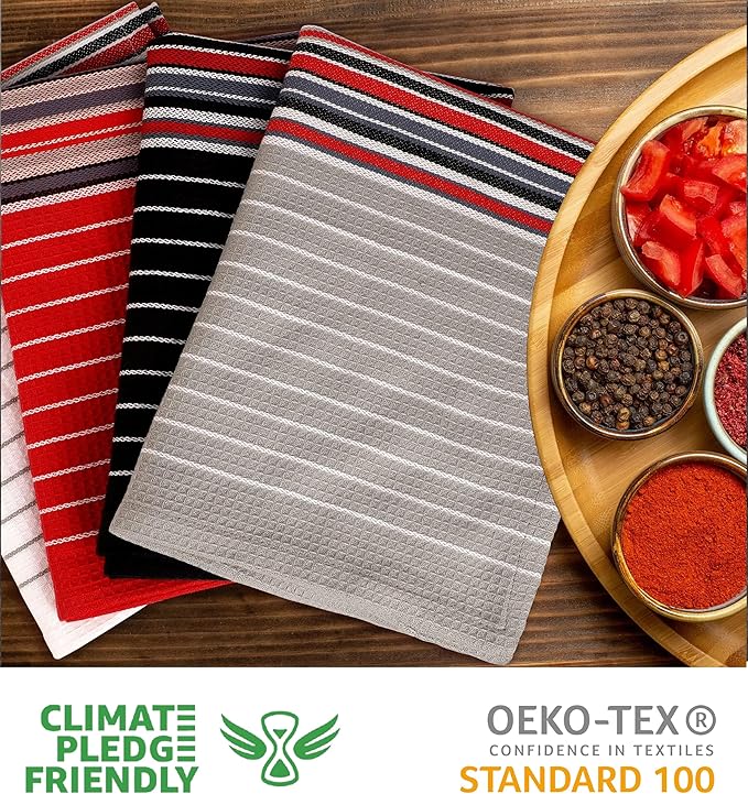 Urban Villa Kitchen Towels (20x30 Inches 4 Pack) Extra Large Premium Salsa Stripes Dish Towels for Kitchen Dish Cloths Highly Absorbent 100% Cotton Kitchen Hand Towels with Hanging Loop Tea Towels