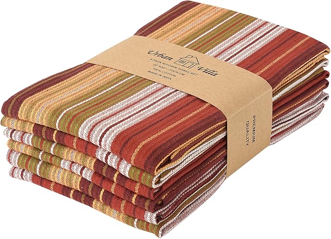 Urban Villa Fall Stripes Kitchen Towels Set of 6 20x30 Inches Over Sized Premium Quality100% Cotton Thanks Giving Day Dish Towels Mitered Corners with Hanging Loop Harvest Stripes Dish Cloths