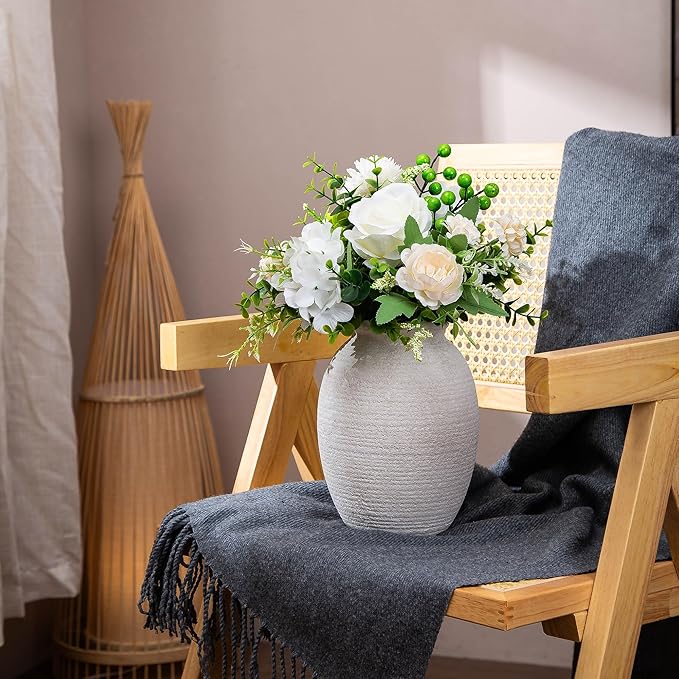 8 Inch White Ceramic Vase - Rustic Vintage Decorative Vase for Home - Farmhouse Pottery Vase for Flowers - Christmas Vase - Modern Vintage Dining Table Centerpiece ， Lyeec Vases Set