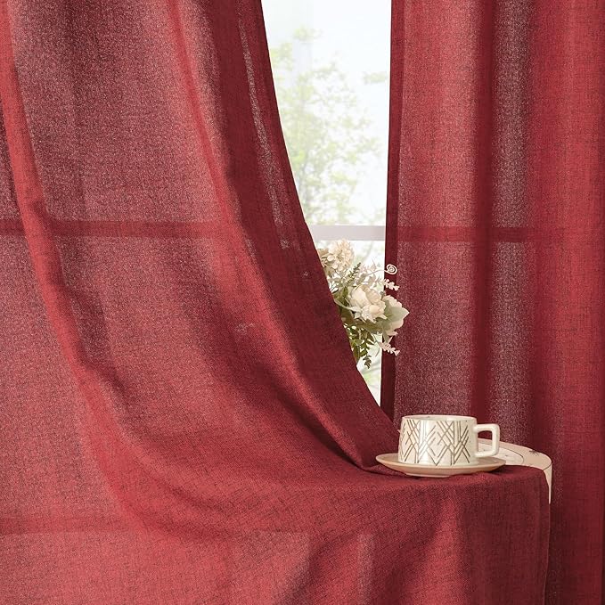 YoungsTex Red Linen Curtains for Living Room 72 Inches Long 2 Panels - Christmas Light Filtering Drapes with Back Tab Rod Pocket Privacy Semi Sheer for Bedroom, 52 X 72 Inch