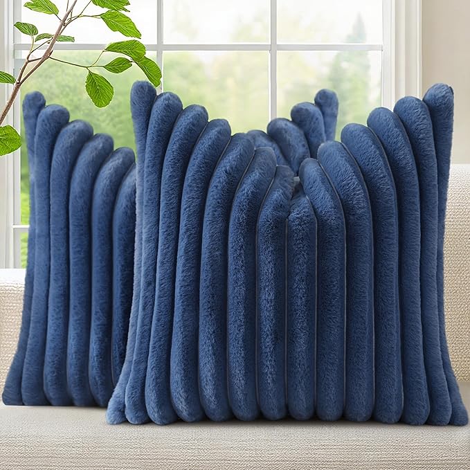 decorUhome Faux Fur Throw Pillow Covers 22x22 Set of 2, Decorative Soft Plush Striped Neutral Couch Euro Pillow Covers with Velvet Back for Sofa, Bed, Living Room Home Decor, Blue