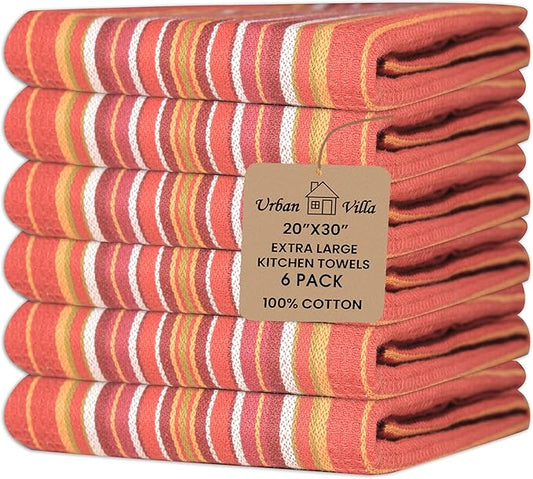 Urban Villa Fall Kitchen Towels 100% Cotton Highly Absorbent Dish Towels Rust Color Set of 6 Size-20"X30" Waffle Salsa Stripes Thanks Giving Dish Cloths & Dish Towels with Hanging Loop Tea Towels