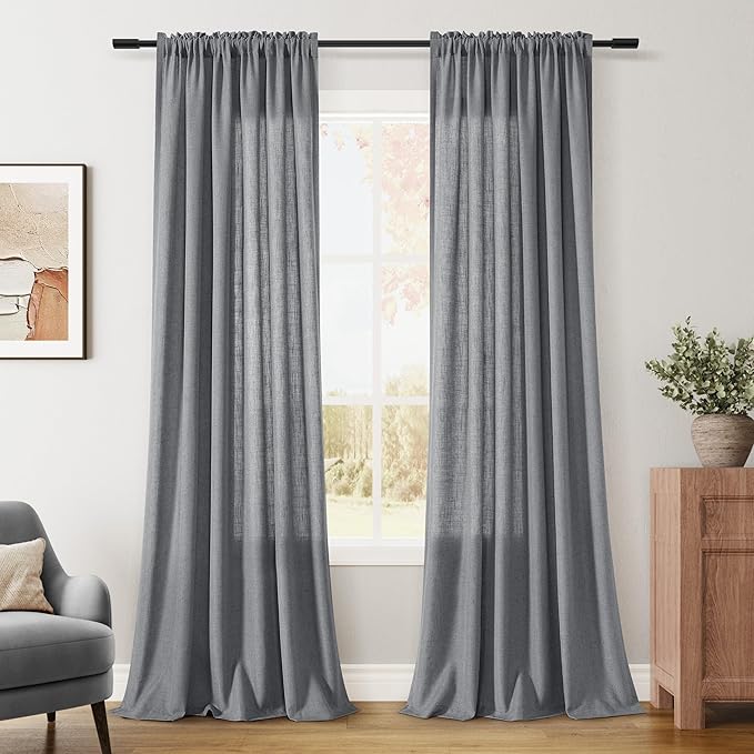 Guken Dark Grey Linen Curtains 108 Inches Long 2 Panel Set Rod Pocket Semi Sheer Dining Room Cozy Bedroom Decor Cotton Look Country Rustic Farmhouse Boho Curtains 52x108