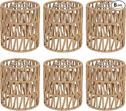 6 Pack Rattan Lamp Shade, Small Boho Lamp Shades Replacement, 5.9in Height, 5in Diameter, 1.53in Fitter, Cylinder Woven Lampshade for Floor Lamps, Pendant Light, Chandelier, Wall Sconces Light Fixture