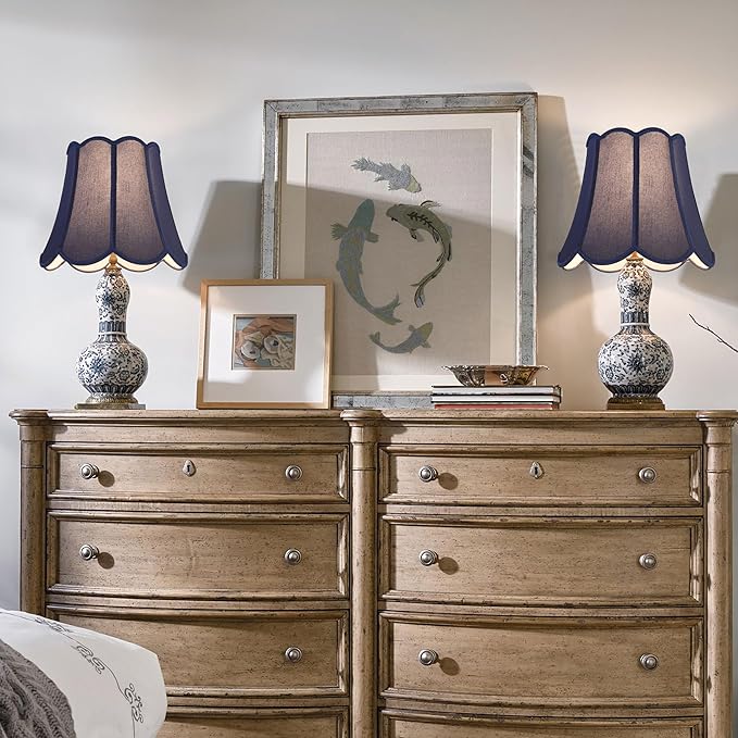 GOSO 13 Inch Medium Blue Wavy Scalloped Lamp Shade for Table Lamp and Floor Lamps Replacement,Art Deco Floral Petal Edge Faux Silk Lampshade,8×13×11 Inch Spider Lampshades for Bedroom,Easy Assembly