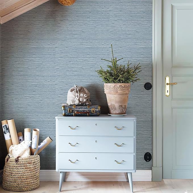 Grasscloth Peel and Stick Wallpaper 17.3" x 394" Blue Textured Grasscloth Wall Paper Renter Friendly Wallpaper Self Adhesive Removable for Bathroom Bedroom