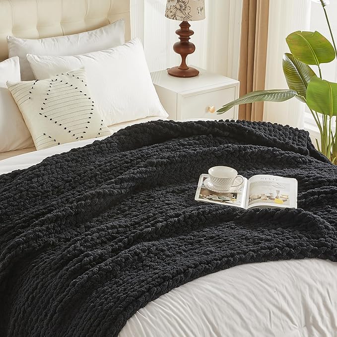 Carriediosa Chunky Knit Throw Blanket 50" X 60", 100% Hand Made Large Chenille Loop Yarn Soft Fluffy Throws for Couch Sofa Bed, Big Crochet Cozy Heavy Thick Cable Woven Blankets, Black