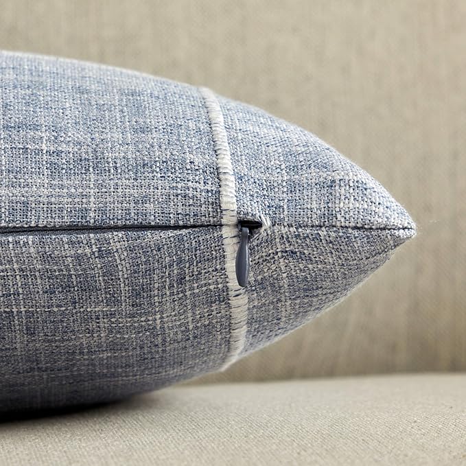 2 Packs Grid Embroidery Throw Pillow Covers, 24x24 Inch Blue, Farmhouse Linen Decorative Dusty Blue Cushion Covers for Sofa Bed Living Room Home Decor