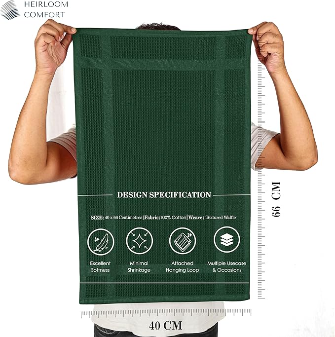 12 Pack Waffle Weave Kitchen Towels, 16x26 Inch, 100% Cotton, Absorbent Dishcloth Set, Quick Dry, Soft for Cleaning, Wiping, Hand Towels, Dish Rags, Wash Cloth, Durable, Forest Green