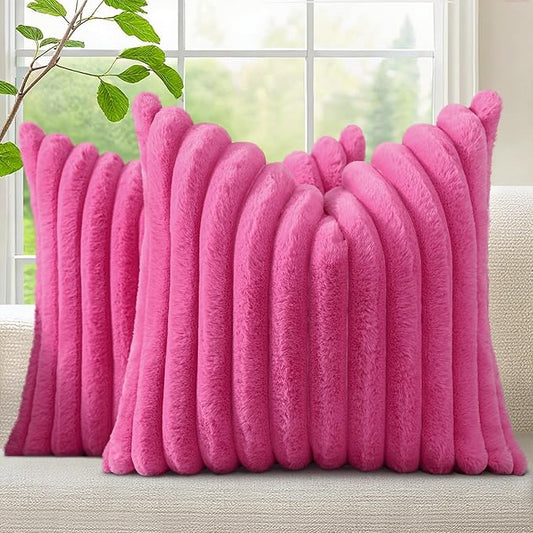 decorUhome Faux Fur Throw Pillow Covers 26x26 Set of 2, Decorative Soft Plush Striped Neutral Couch Euro Pillow Covers with Velvet Back for Sofa, Bed, Living Room Home Decor, Hot Pink