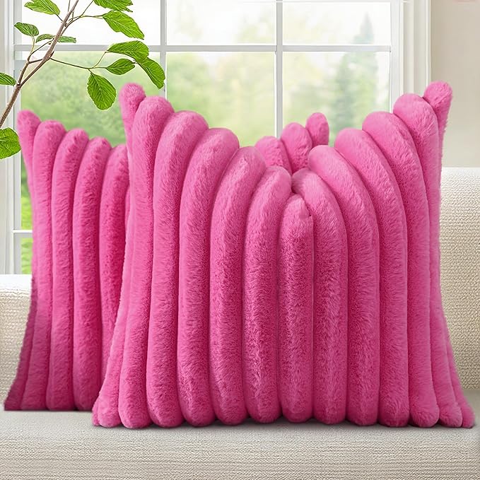 decorUhome Faux Fur Throw Pillow Covers 16x16 Set of 2, Decorative Soft Plush Striped Neutral Couch Euro Pillow Covers with Velvet Back for Sofa, Bed, Living Room Home Decor, Hot Pink