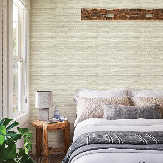 Simon&Siff Cream Textured Grasscloth Peel and Stick Wallpaper 17.7"x118" Neutral Faux Grassweave Waterproof Self Adhesive Removable Fabric Wallpaper Wall Mural for Bedroom Kitchen Cabinet