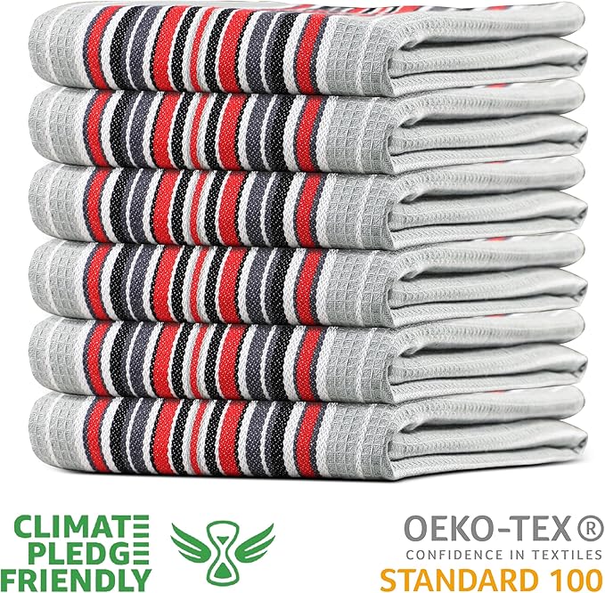 Urban Villa Kitchen Towels Waffle Stripes Dish Towels for Kitchen Grey Color Set of 6 Kitchen Towels Highly Absorbent Cotton Over Sized 20X30 in with Mitered Corners Kitchen Hand Tea Towels