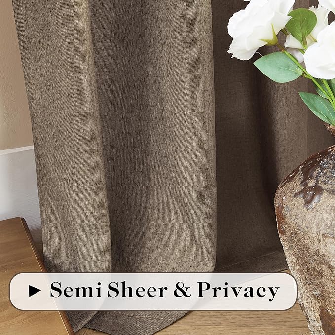 Natural Linen Blended Curtains - Back Tab Window Treatments Panels Drapes for Living Room/Bedroom, Light Filtering Semi Sheer (Set of 2, 50" x 84", Brown)