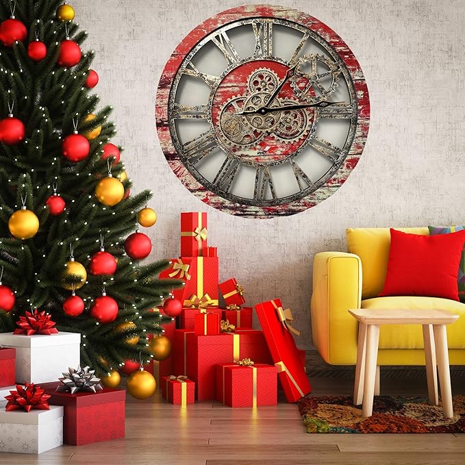 ImprovingLife The Gears Clock The Original Real Moving Gear Wall Clock Vintage Industrial Oversized Rustic Farmhouse (24 inch (60cm),Red Lava)