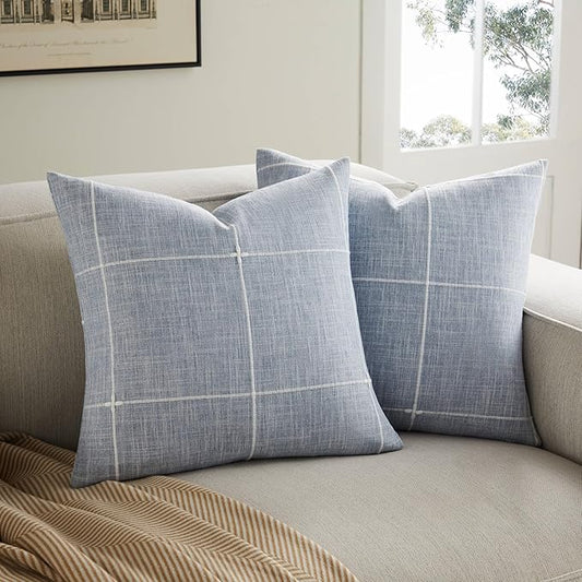 2 Packs Grid Embroidery Throw Pillow Covers, 20x20 Inch Blue, Farmhouse Linen Decorative Dusty Blue Cushion Covers for Sofa Bed Living Room Home Decor