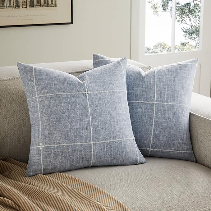2 Packs Grid Embroidery Throw Pillow Covers, 24x24 Inch Blue, Farmhouse Linen Decorative Dusty Blue Cushion Covers for Sofa Bed Living Room Home Decor