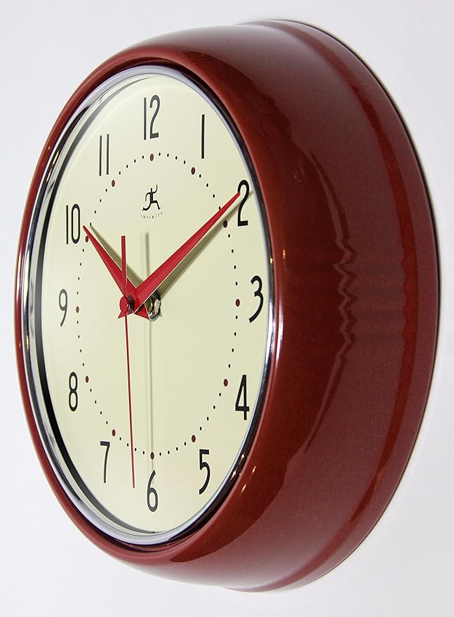 Infinity Instruments LTD. Retro 12 inch Silent Sweep Non-Ticking Mid Century Modern Kitchen Diner Wall Clock Quartz Movement Retro Wall Clock Decorative (Red)