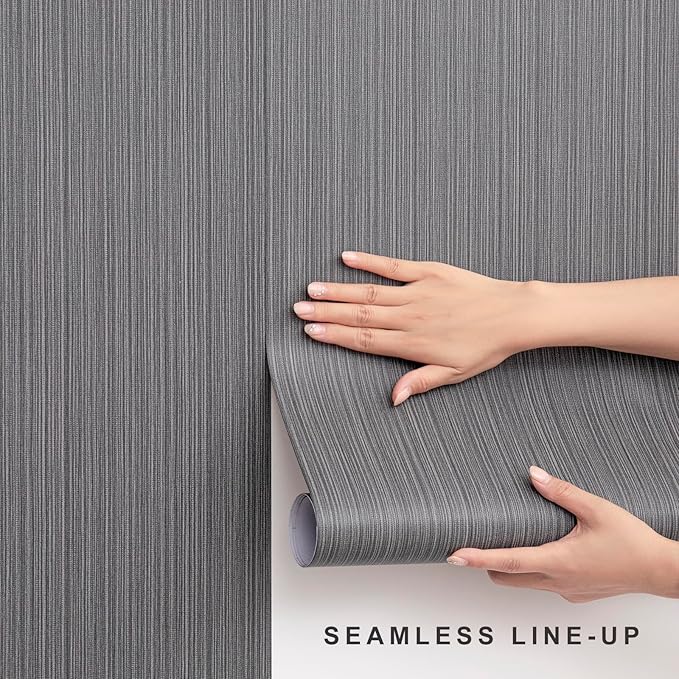 Black Grasscloth Wallpaper Peel and Stick Fabric Linen Textured 24"x394" Classic Faux Grassweave Upgraded Thick Self-Adhesive Neutral Contact Paper Vinyl Film Liner Roll for Home Use