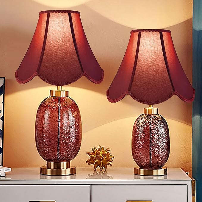 GO&SO Set of 2 Burgundy Bell Lamp Shades Scalloped Lamp Shade Petal Edge Braid 6"Top x 13"Bottom x 10.6"High (Spider) Silk Fabric Lampshades for Floor Lamp,Handmade DIY Table Lamp Shade Replacement