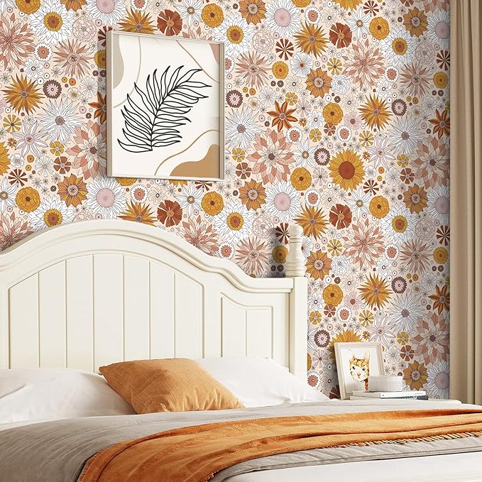 Livelynine 17.5x276 Retro Floral Peel and Stick Wallpaper Orange Pink Yellow Flower Mid Century Bathroom Wall Paper Waterproof Vintage Floral Contact Paper for Cabinets Self Adhesive Drawer Liner