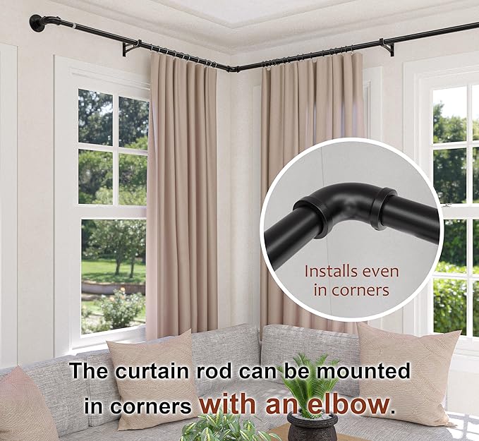 OEMQOBE Curtain Rods for Windows 16 to 74 Inches, Heavy Duty Industrial Curtain Rods 2 pack, Adjustable Wrap Around Blackout Curtains Rod, Black 1 Inch Indoor/Outdoor Curtains Rod