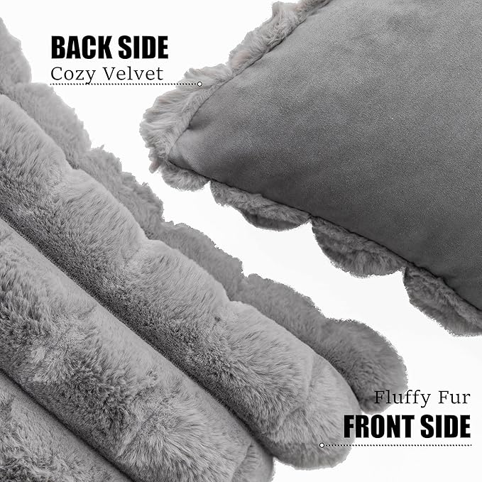 Neelvin Grey Faux Fur Cozy Soft Plaid Decorative Throw Pillow Covers 12x20 inch Set of 2,Velvet Pillowcase Cushion Case for Sofa Couch