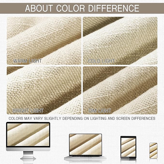 HESTIA Linen Curtains 96 inch Long 2 Panel Set Light Filtering Cream Curtain for Living Room Bedroom 42 inch Wide Blackout Drapes with Rod Pocket Back Tab Pin Hooks (96" Lx42 W)